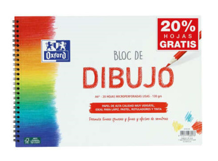 Oxford Bloc de Dibujo Escolar Espiral Formato A4+ Liso - 20 Hojas Microperforadas 130gr Color natural - Papel de Superfície Rugosa