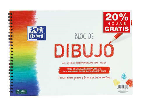 Oxford Bloc de Dibujo Escolar Espiral Formato A4+ Liso - 20 Hojas Microperforadas 130gr Color natural - Papel de SuperfÃcie Rug