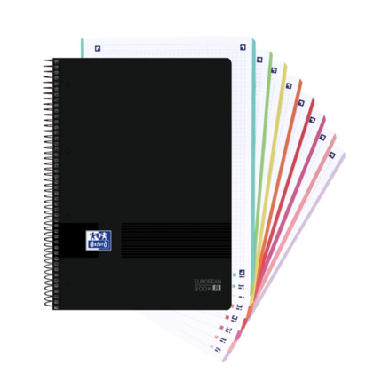 Oxford Europeanbook 8 Live & Go Cuaderno Espiral A4+ 160 Hojas Cuadricula 5x5 - 8 Bandas de Color - Tapa de Plastico Resistente - Color Negro