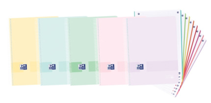 Oxford Europeanbook 8 Live & Go Cuaderno Espiral Formato A4+ Cuadriculado 5x5mm - 160 Hojas Microperforadas con 4 Taladros - Tapa de Plastico - 8 Bandas de Color - Colores Pastel Surtidos