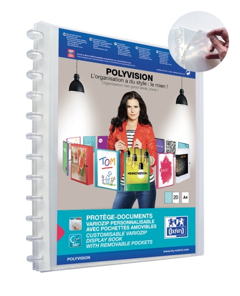 Oxford Polyvision Variozip A4+ Carpeta de 20 Fundas Removibles - Tapa de Plastico Personalizable - Organizacion y Proteccion par