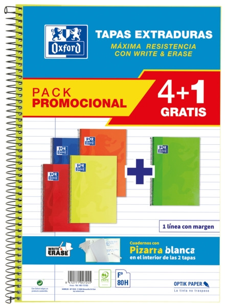 Oxford School Classic Write&Erase Pack 4+1 Fº - Cuaderno Espiral - Tapa Extradura - 1 Linea con Margen - 80 Hojas - Colores Sur