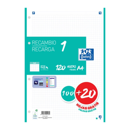 Oxford School Recambio A4 120 Hojas Cuadricula 5x5mm - 4 Taladros - Banda de Color Ice Mint