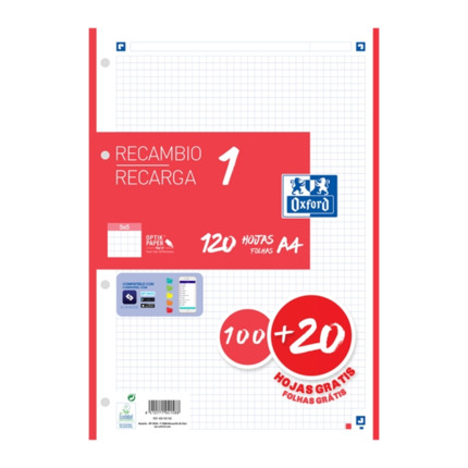 Oxford School Recambio A4 120 Hojas Cuadricula 5x5mm - 4 Taladros - Banda de Color Rojo
