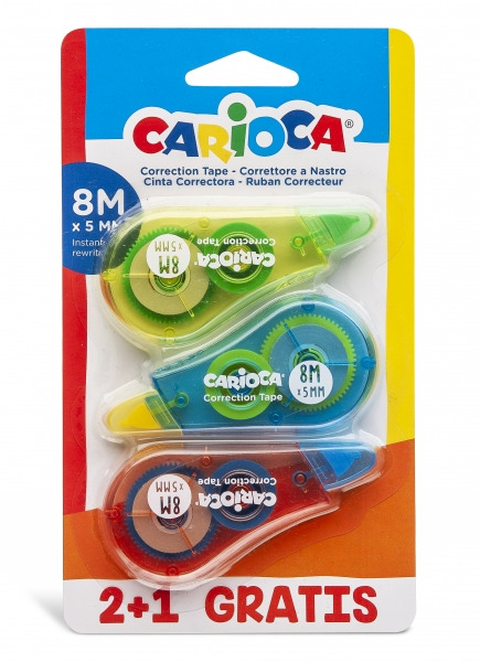 Pack Carioca Corrector de Cinta 2+1 - Cubriente - Se Puede Volver a Escribir Enseguida - Ideal para Cualquier Tipo de Papel - Co