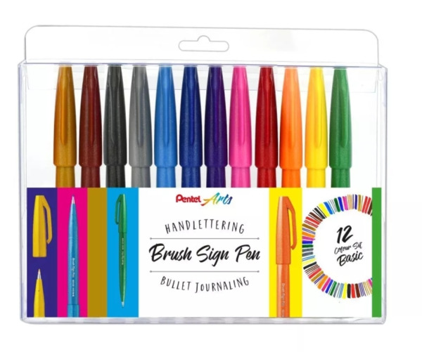Pentel Brush Sing Pen Pack de 12 Rotuladores con Punta de Pincel - Lineas Finas o Gruesas dependiendo de la Presion - Fabricados