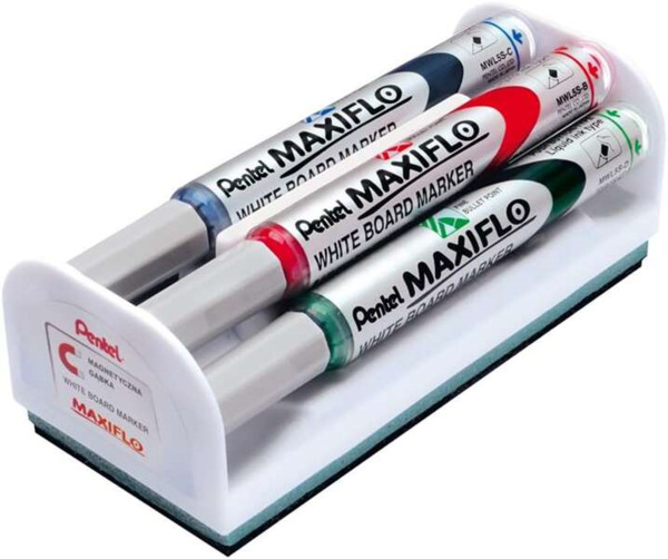 Pentel Maxiflo Pack de 4 Rotuladores para Pizarra Blanca + Borrador Magnetico - Punta de Bala - Ancho de Linea 2mm - Regulacion