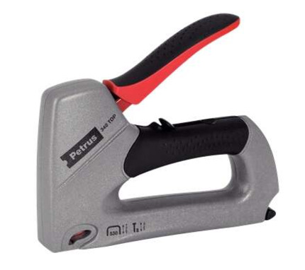 Petrus 295 Top Clavadora/Grapadora Metalica - Para Grapas 530/6 a 14mm y Pins Tipo 8 de 15mm - Ajuste de Potencia - Color Gris/Negro