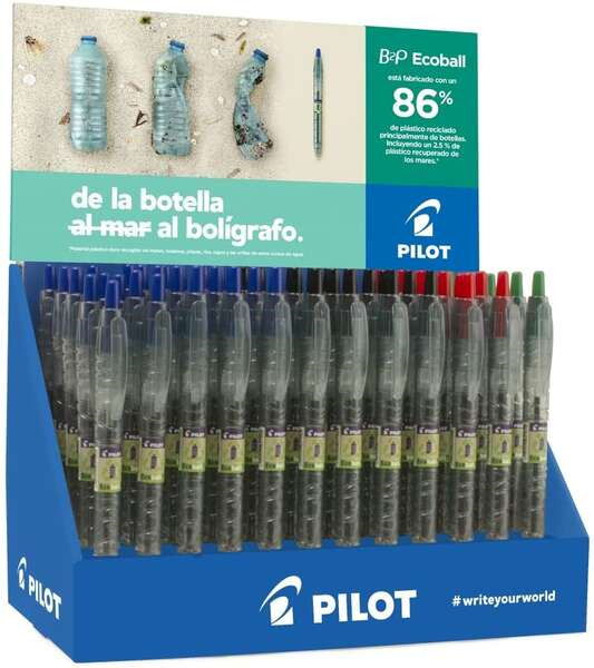 Pilot Expositor 60 Boligrafos de Bola Retractiles B2P Ecoball BeGreen + 10 B2P Gel BeGreen - 86,64% de Plastico Reciclado - Reca