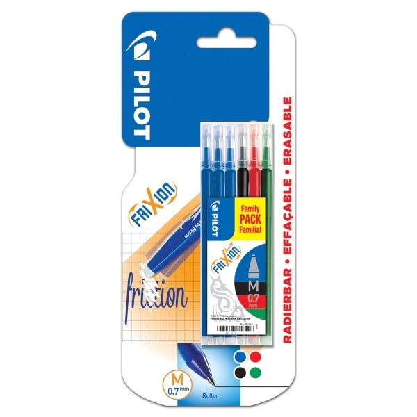 Pilot Pack de 6 Recambios para Frixion Ball y Frixion Clicker - Punta de Bola Redonda 0.7mm - Trazo 0.4mm - Colores: 3x Azul, 1x