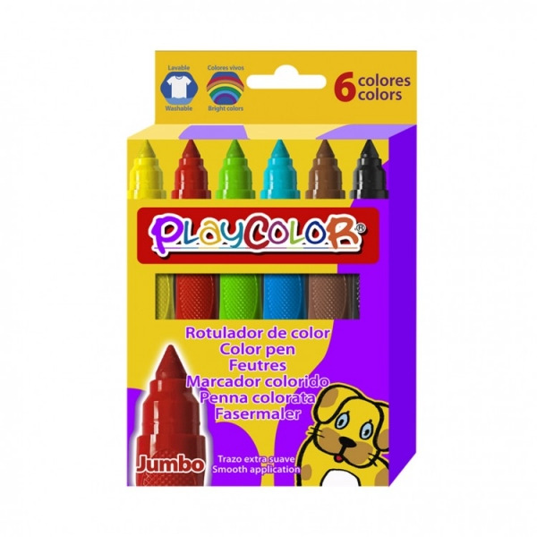 PlayColor Jumbo Basic Pack de 6 Rotuladores de Punta Gruesa Extrasuave - Fiable y Seguro - Punta Bloqueada - Capuchon Ventilado