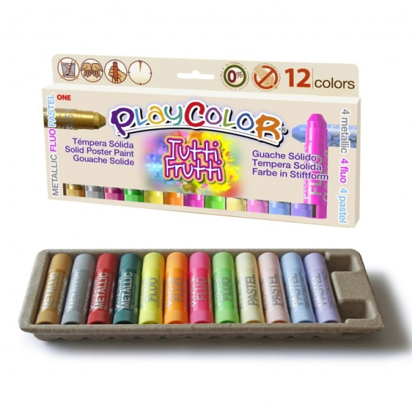 PlayColor Tuttifrutti Pack de 12 Temperas Solidas - No Arrugan el Papel - No Necesitan Barniz - Colores Metallic, Fluo y Pastel