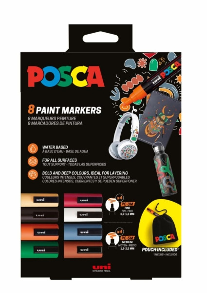 Posca Edicion Limitada Pack de 4 Marcadores de Pintura PC5M + 4 Marcadores de Pintura PC3M + Regalo Bolsa de Tela - Punta Redond