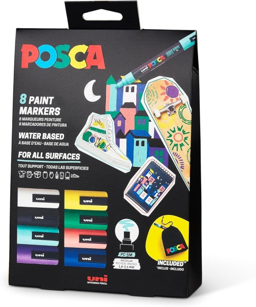 Posca Edicion Limitada Pack de 8 Marcadores de Pintura PC5M + Regalo Bolsa de Tela - Punta Redondeada 1.8-2.5mm - Tinta Base al