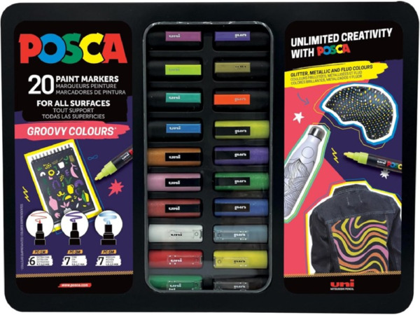 Posca Groovy Colours Maleta Metalica con 20 Marcadores de Pintura - Surtido en Color y Trazo - Punta de Poliester - Tinta Pigmen