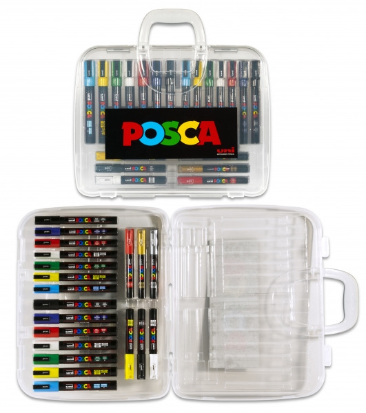 Posca Maleta de Plastico con 20 Marcadores de Pintura - Punta de Poliester - Tinta Pigmentada Base Agua - No Permanente - Resist