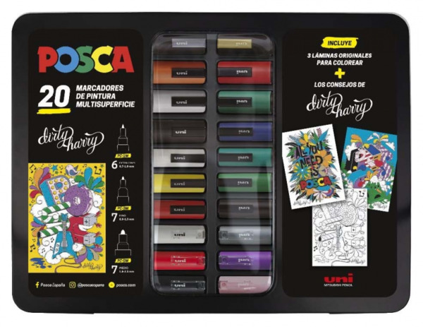 Posca Maleta Metalica con 20 Marcadores de Pintura - Surtido en Color y Trazo - Punta de Poliester - Tinta Pigmentada Base Agua
