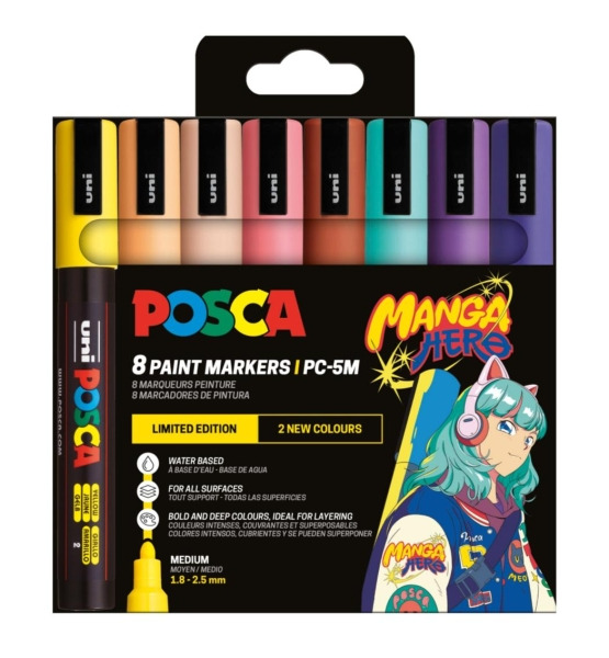 Posca Manga Hero Edicion Limitada Manga Hero PC-5M Pack con 8 Marcadores de Pintura - Punta de Bala 1.8-2.5mm - Tinta Base al Ag