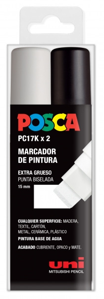 Posca PC-17K Estuche de 2 Marcadores de Pintura - Punta Biselada de Poliester 15mm - Ancho de Trazo Muy Grueso - Tinta Base al A