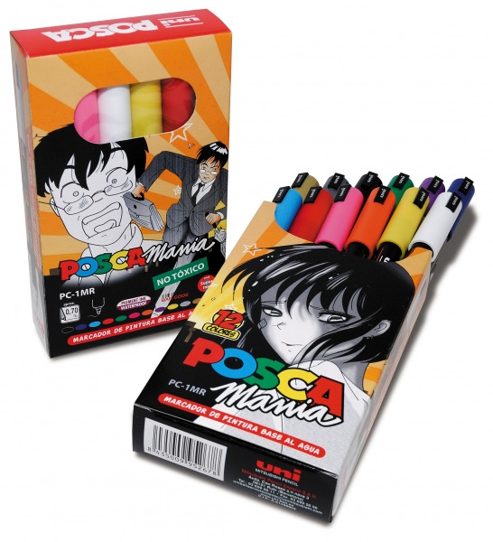 Posca PC-1MR Pack de 12 Marcadores de Pintura - Punta Roller de Fibra 0.7mm - Tinta Base al Agua - Resistente a la Luz - No Perm