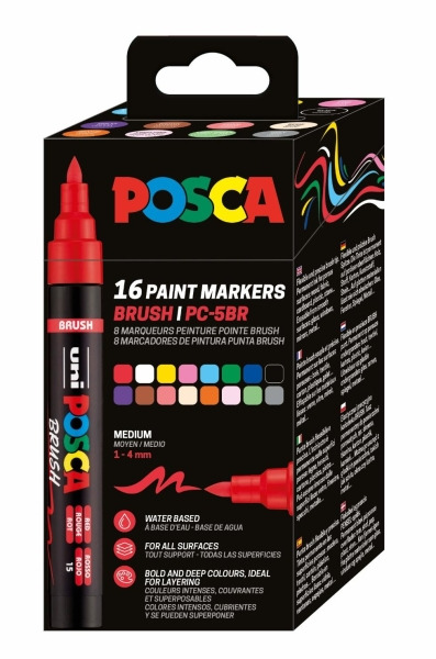 Posca PC-5BR Caja con 16 Marcadores de Pintura - Punta Brush 1-4mm - Tinta Base al Agua - Resistente a la Luz - No Permanente -