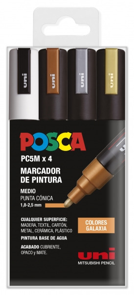 Posca PC-5M Estuche de 4 Marcadores de Pintura - Punta de Bala 1.8-2.5mm - Tinta Base al Agua - Resistente a la Luz - Color Surt