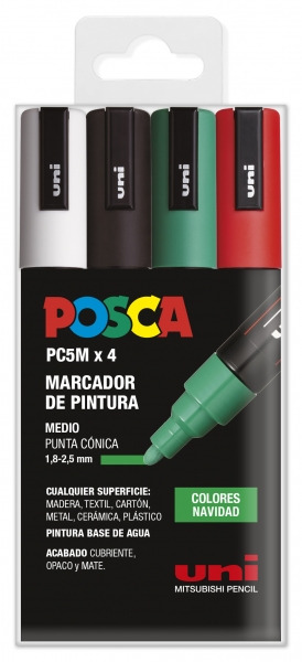 Posca PC-5M Estuche de 4 Marcadores de Pintura - Punta de Bala 1.8-2.5mm - Tinta Base al Agua - Resistente a la Luz - Color Surt