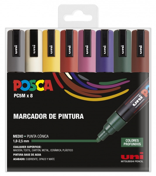 Posca PC-5M Estuche de 8 Marcadores de Pintura - Punta de Bala 1.8-2.5mm - Tinta Base al Agua - Resistente a la Luz - No Permane