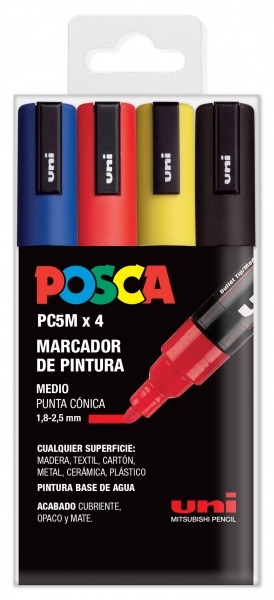 Posca PC-5M Pack de 4 Marcadores de Pintura - Punta de Bala 1.8-2.5mm - Tinta Base al Agua - No Permanente - Resistente a la Luz