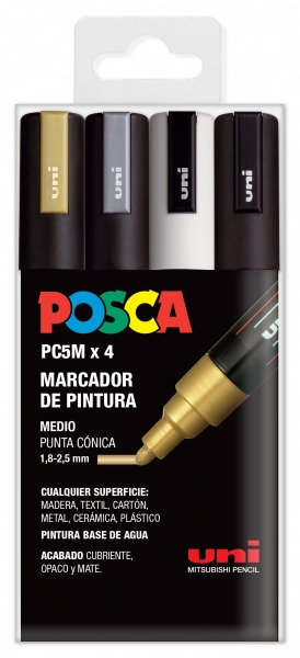 Posca PC-5M Pack de 4 Marcadores de Pintura - Punta de Bala 1.8-2.5mm - Tinta Base al Agua - No Permanente - Resistente a la Luz