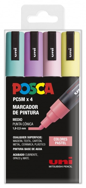 Posca PC-5M Pack de 4 Marcadores de Pintura - Punta de Bala 1.8-2.5mm - Tinta Base al Agua - No Permanente - Resistente a la Luz