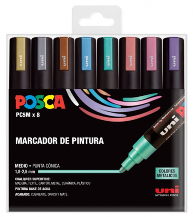 Posca PC-5M/8C Estuche de 8 Marcadores de Pintura - Punta de Bala 1.8-2.5mm - Tinta Base al Agua - Resistente a la Luz - No Permanente - Color Surtido