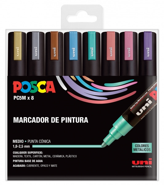 Posca PC-5M/8C Estuche de 8 Marcadores de Pintura - Punta de Bala 1.8-2.5mm - Tinta Base al Agua - Resistente a la Luz - No Perm