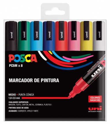 Posca PC-5M/8C Estuche de 8 Marcadores de Pintura - Punta de Poliester 1.8-2.5mm - Tinta Base al Agua - Resistente a la Luz - No Permanente - Color Surtido