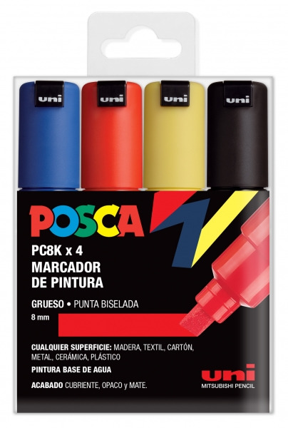 Posca PC-8K Estuche de 4 Marcadores de Pintura - Punta Biselada Acrilica 8mm - Tinta Base al Agua - No Permanente - Resistente a