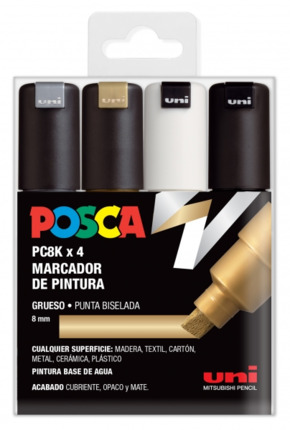 Posca PC-8K Estuche de 4 Marcadores de Pintura - Punta Biselada Acrilica 8mm - Tinta Base al Agua - Resistente a la Luz - Color Surtido