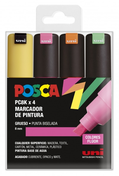 Posca PC-8K Estuche de 4 Marcadores de Pintura - Punta Biselada Acrilica 8mm - Tinta Base al Agua - Resistente a la Luz - Color