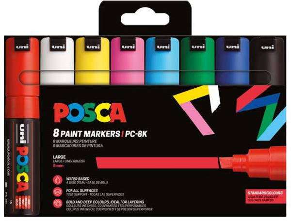 Posca PC-8K/8C Estuche de 8 Marcadores de Pintura - Punta Biselada Acrilica 8mm - Tinta Base al Agua - Resistente a la Luz - Col
