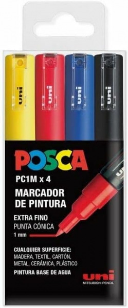 Posca PC1M Pack de 4 Marcadores de Pintura - Punta Conica 0.7mm - Tinta Base al Agua - No Permanente - Resistente a la Luz - Col