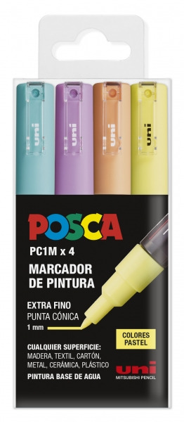 Posca PC1M Pack de 4 Marcadores de Pintura - Punta Conica 0.7mm - Tinta Base al Agua - No Permanente - Resistente a la Luz - Col