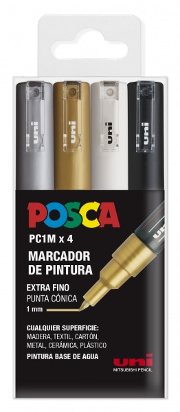 Posca PC1M Pack de 4 Marcadores de Pintura - Punta Conica de 0.7mm - Tinta Base al Agua - No Permanente - Resistente a la Luz -
