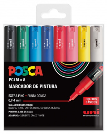 Posca PC1M Pack de 8 Marcadores de Pintura - Punta Conica 0.7mm - Tinta Base al Agua - No Permanente - Resistente a la Luz - Inodoro - Ideal para Carteleria y Decoracion - Colores Surtidos