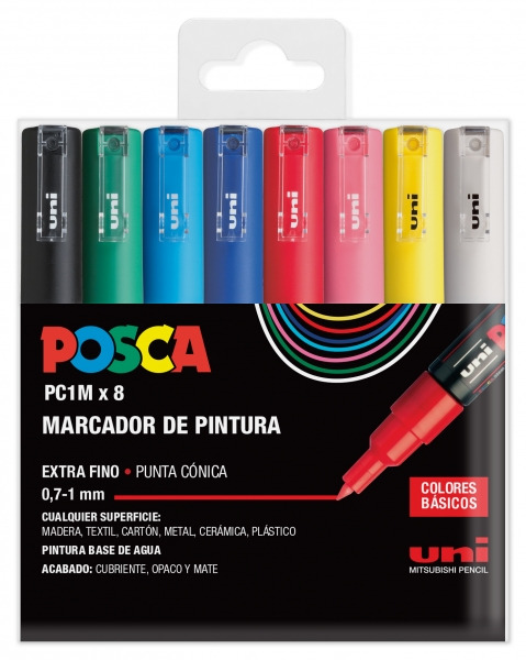 Posca PC1M Pack de 8 Marcadores de Pintura - Punta Conica 0.7mm - Tinta Base al Agua - No Permanente - Resistente a la Luz - Ino