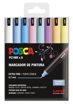 Posca PC1MR Pack de 8 Marcadores de Pintura - Punta Roller de Fibra 0.7mm - Tinta Pigmentada Base al Agua - Resistente a la Luz - Colores Surtidos Pastel