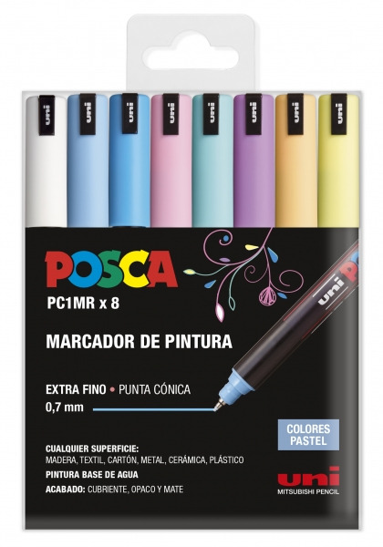 Posca PC1MR Pack de 8 Marcadores de Pintura - Punta Roller de Fibra 0.7mm - Tinta Pigmentada Base al Agua - Resistente a la Luz
