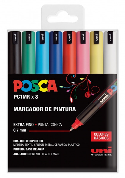 Posca PC1MR Pack de 8 Marcadores de Pintura - Punta Roller de Fibra 0.7mm - Tinta Pigmentada Base al Agua - Resistente a la Luz