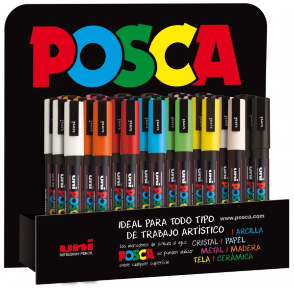Posca PC3M Expositor de 36 Marcadores de Pintura - Punta Conica de Poliester 0.9-1.3mm - Tinta Base al Agua - Resistente a la Lu