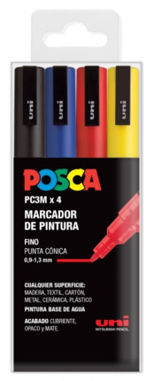 Posca PC3M Pack de 4 Marcadores de Pintura - Punta Conica 0.9-1.3mm - Tinta Base al Agua - Resistente a la Luz - No Permanente - Ideal para Carteleria y Decoracion - Colores Negro, Azul, Rojo y Amarillo