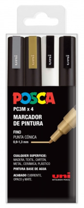 Posca PC3M Pack de 4 Marcadores de Pintura - Punta Conica 0.9-1.3mm - Tinta Base al Agua - Resistente a la Luz - No Permanente - Ideal para Carteleria y Decoracion - Colores Plata, Oro, Blanco y Negro