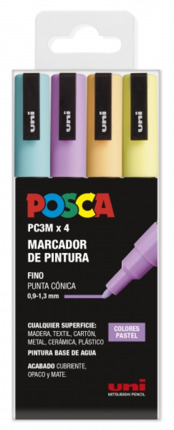 Posca PC3M Pack de 4 Marcadores de Pintura - Punta Conica 0.9-1.3mm - Tinta Base al Agua - Resistente a la Luz - No Permanente - Ideal para Carteleria y Decoracion - Colores Surtidos Pastel